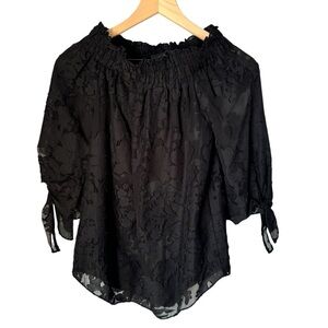 Rachel Zoe Silk Blend Off Shoulder Sheer Black Blouse Size 0 with Puff Sleeves